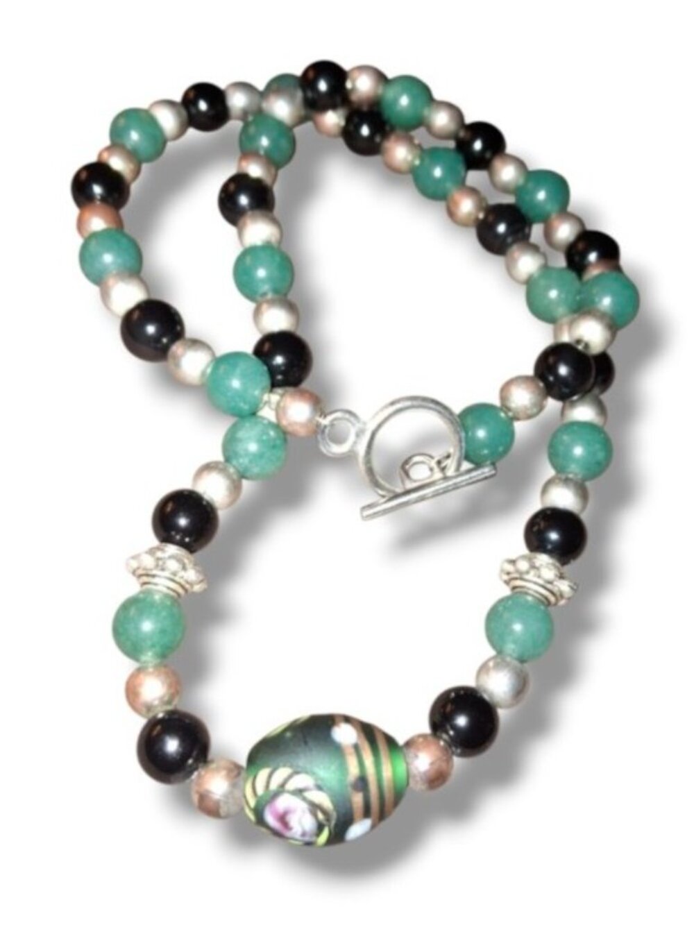 gemstone and art glass Bead Necklace  hematite aventurine silver plated toggle